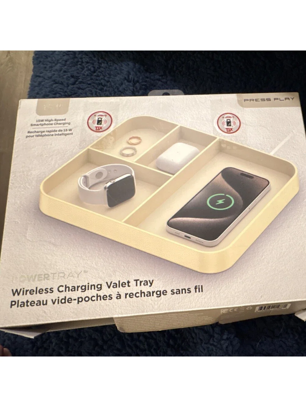 Press Play PowerTray Beige Vegan Leather Wireless Charging Valet Tray USB-C